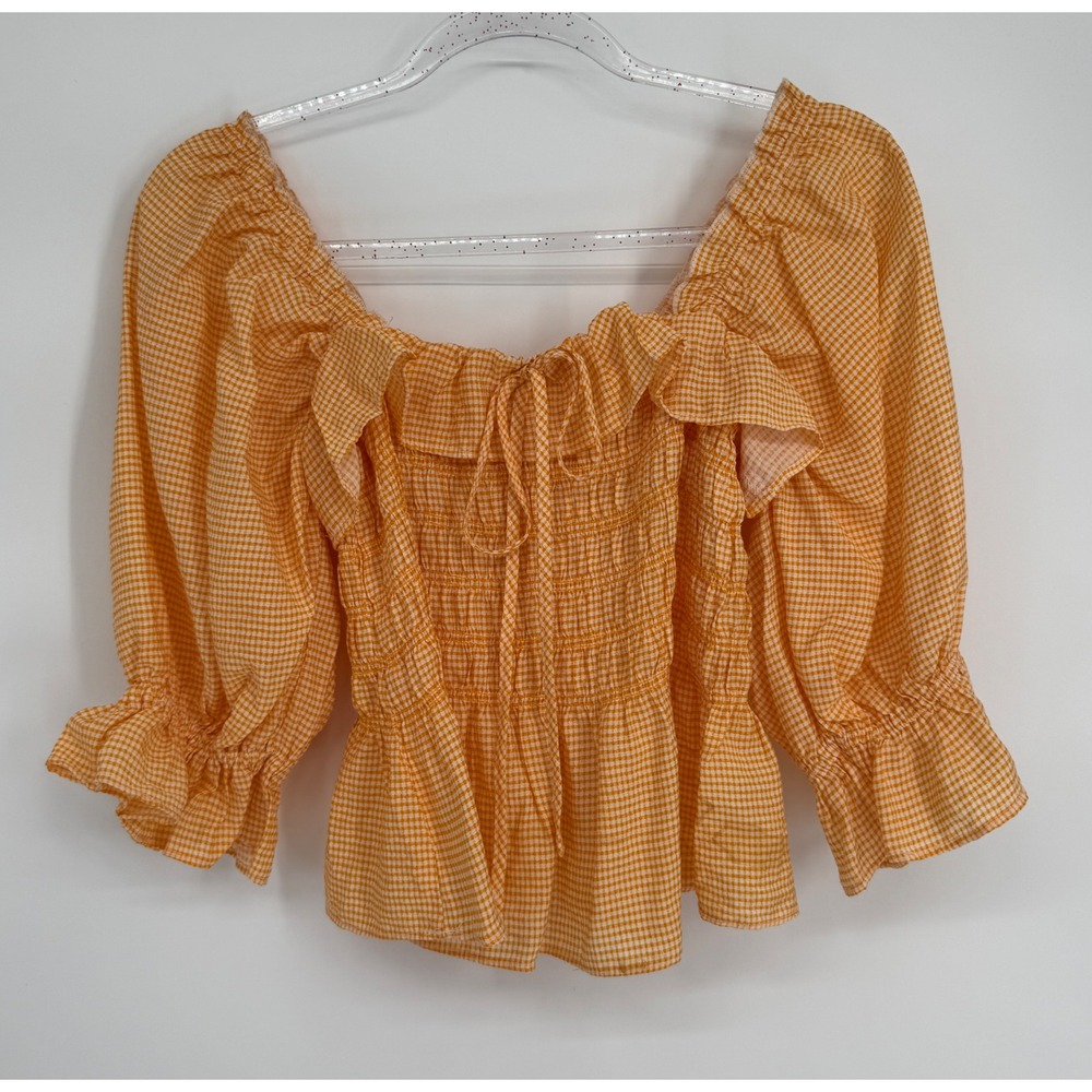 Suite 2939 Orange Gingham Smocked Puff Sleeve Peplum Blouse Sz M